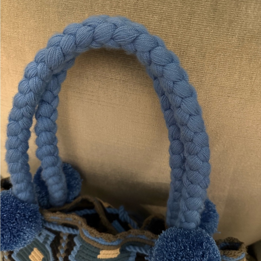 Blue Geometric Woven Shoulder Bag with Pom-Pom Accents - Picture 4 of 9